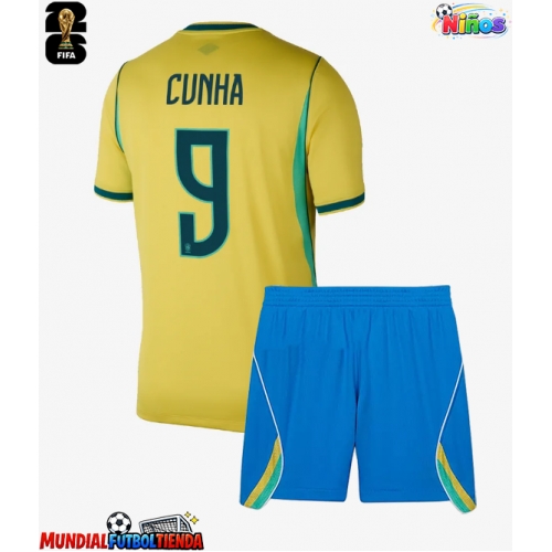 Camiseta Brasil Matheus Cunha #9 Primera Equipación Replica Mundial 2026 para niños mangas cortas (+ Pantalones cortos)